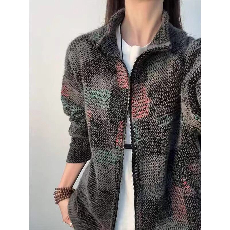 七彩格子美式复古立领卫衣男款冬季潮牌高级感慵懒风针织开衫外套