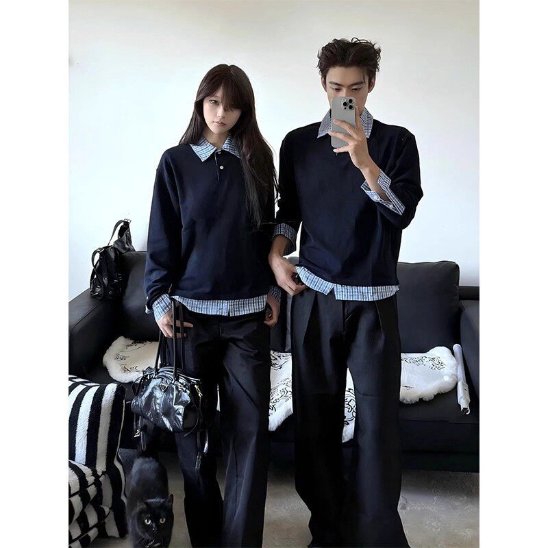 藏青色miu系假两件格纹衬