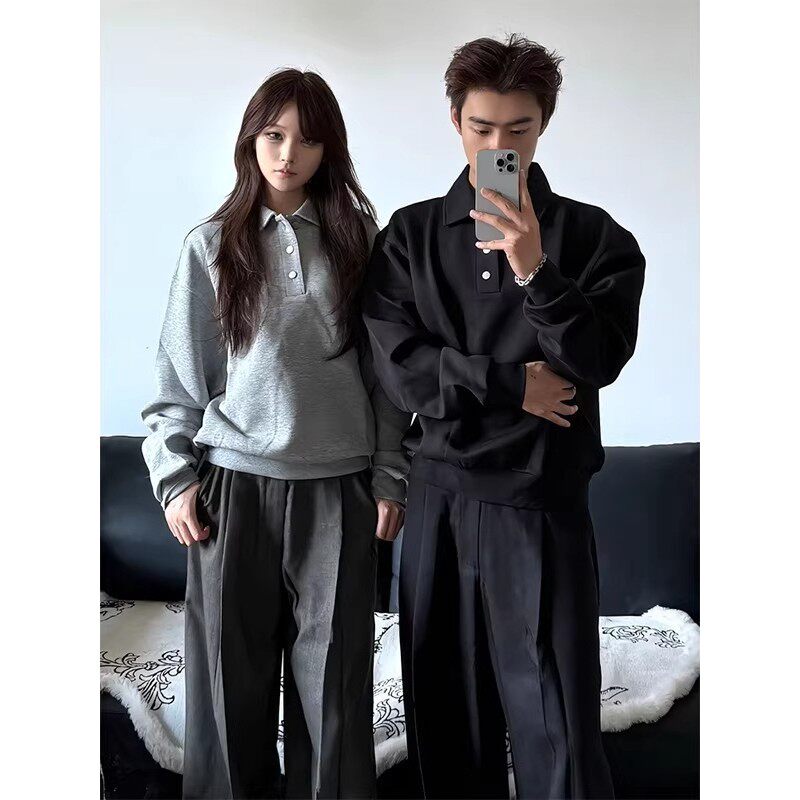 美式复古polo翻领重磅卫衣男女秋潮牌硬挺高级感cleanfit短款外套