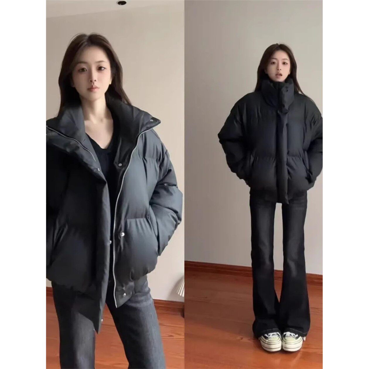 黑色短款pu皮派克羽绒棉服男款冬季立领情侣面包服高级感痞帅棉衣