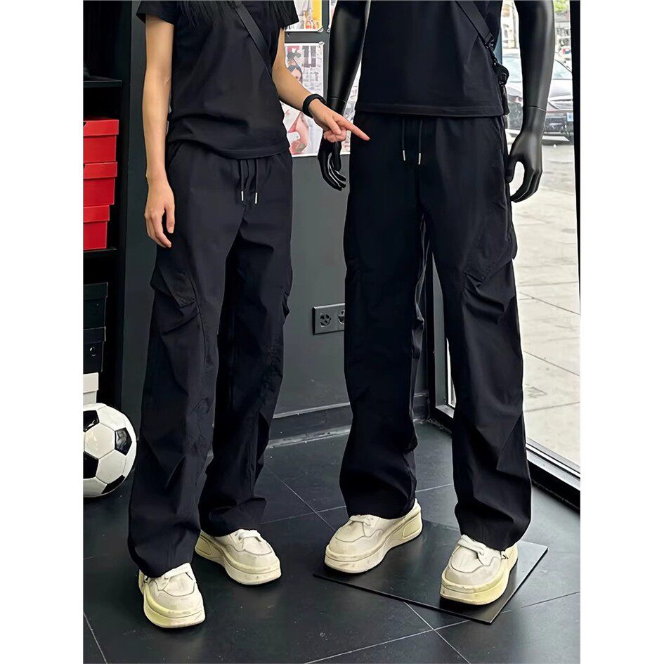 黑色褶皱速干工装裤男款夏季薄款冰丝透气直筒裤子cleanfit休闲裤