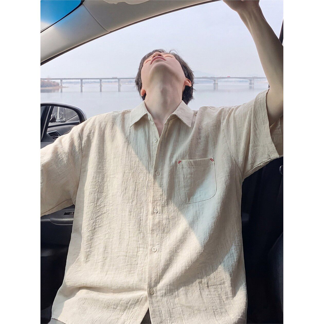 麻杏色新中式短袖衬衫男款夏季薄款透气仿亚麻衬衣肌理感工装T恤