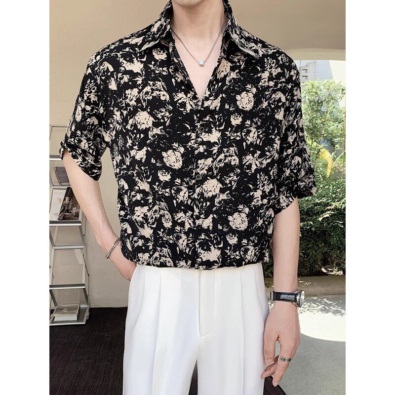 夏季冰丝垂坠感高端花衬衫短袖男痞帅高级感日韩风格轻奢寸衣男士