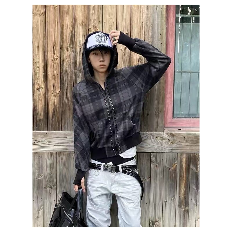 美式街头格纹连帽开衫卫衣男女春秋季铆钉拉链宽松外套轻亚风上衣