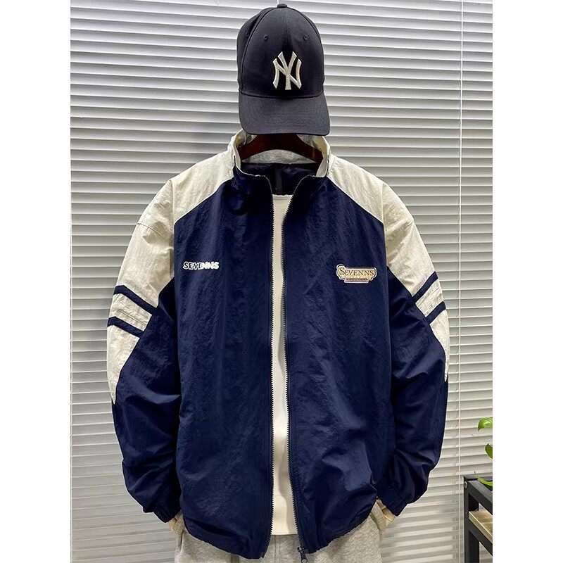 山系拼接撞色立领夹克男