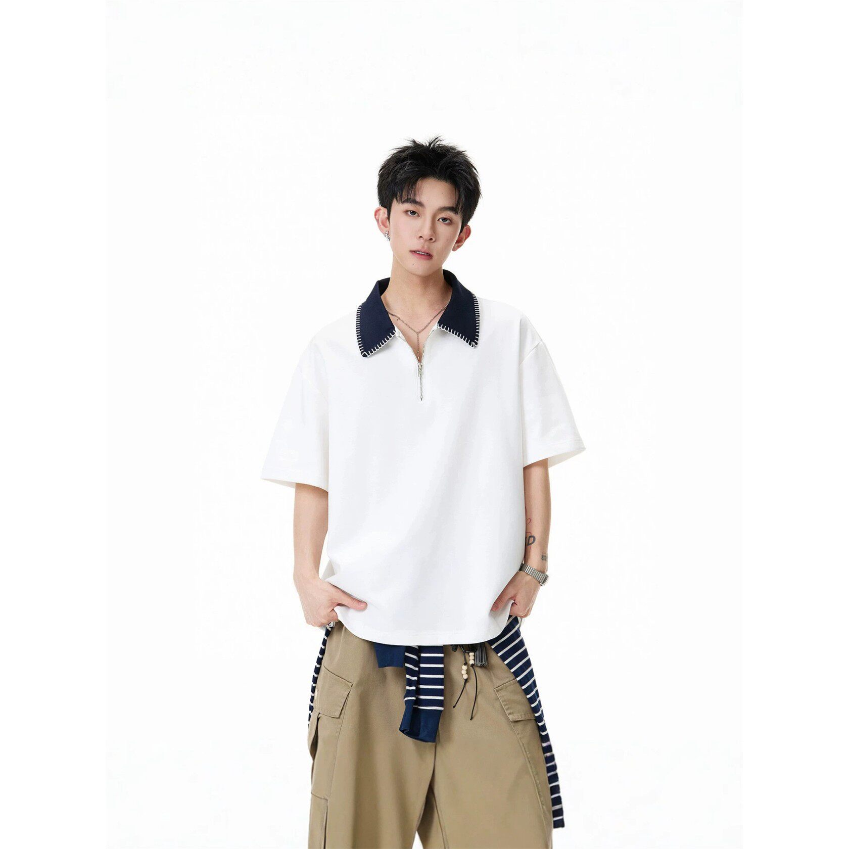 美式撞色半拉链短袖t恤男春夏新款复古学院风百搭休闲半袖polo衫