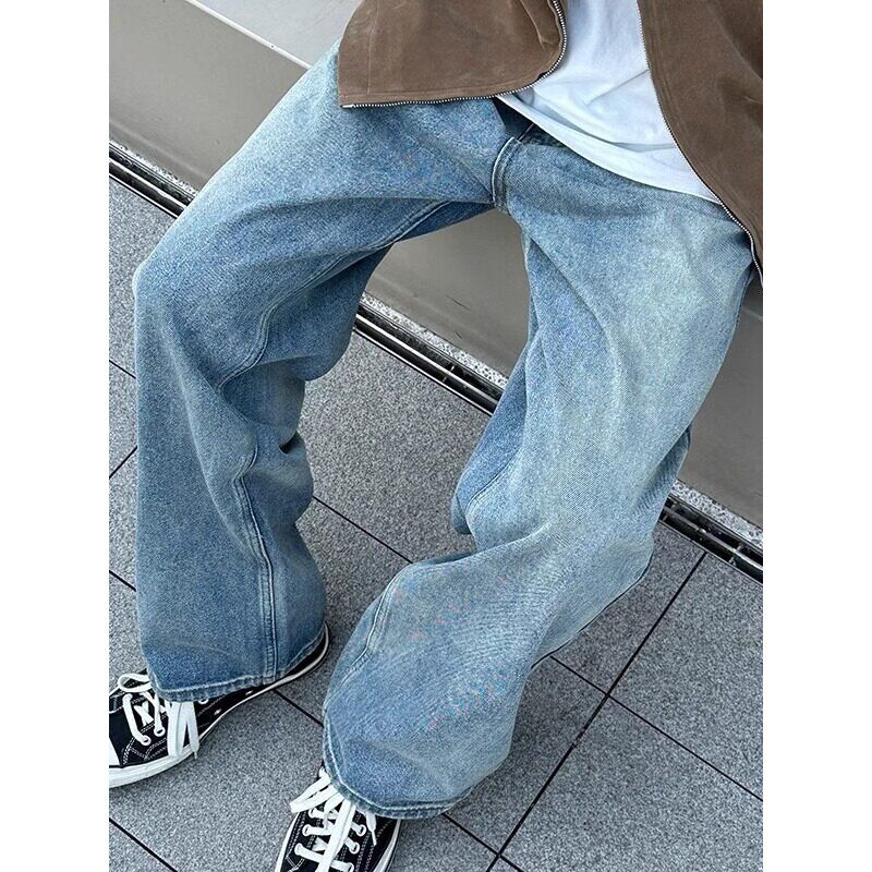 水洗蓝浅色磨白阔腿牛仔