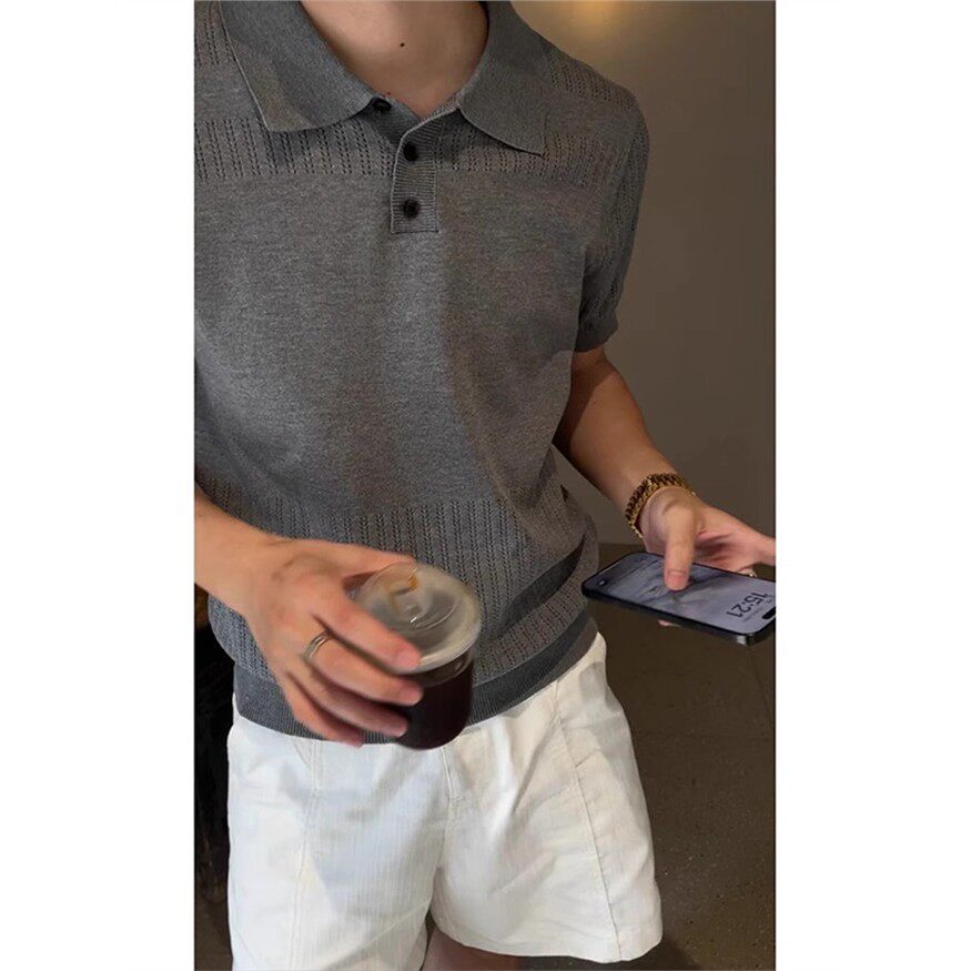 老钱风亨利领针织Polo衫短袖男夏季重磅翻领正肩t恤美式复古半袖