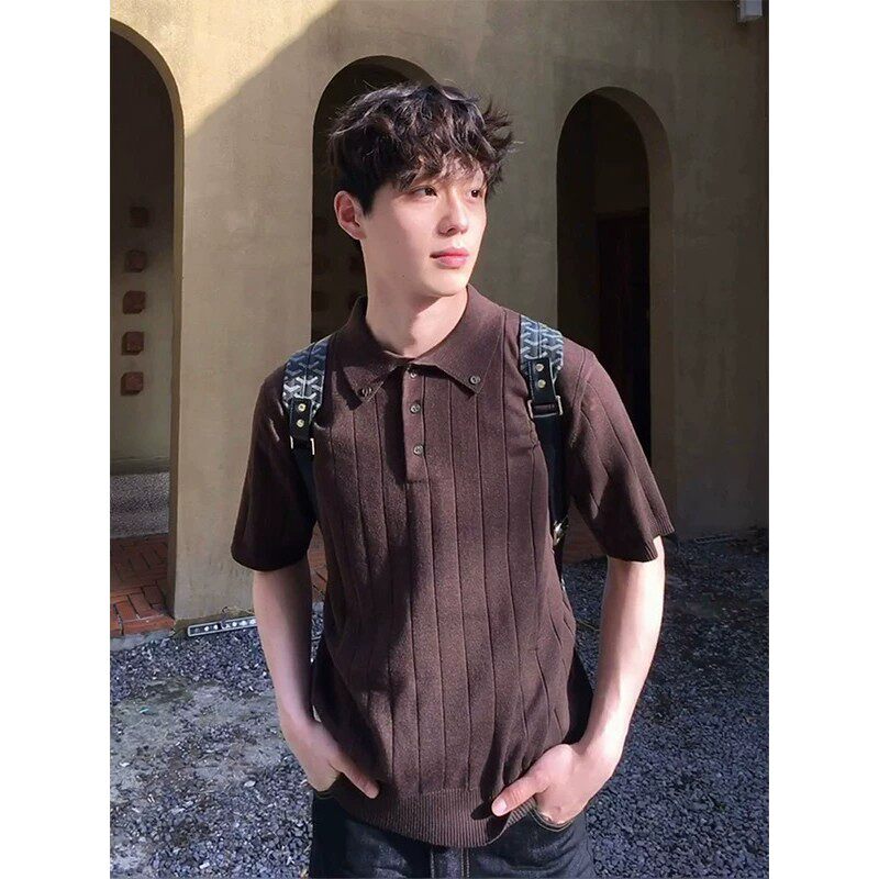 男式痞帅风polo衫短袖夏季美式老钱风半袖坑条纹翻领正肩针织t恤