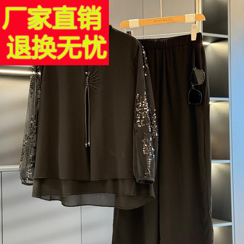 时尚洋派妈妈装雪纺套装女2025夏装新款上衣减龄气质中老年两件套