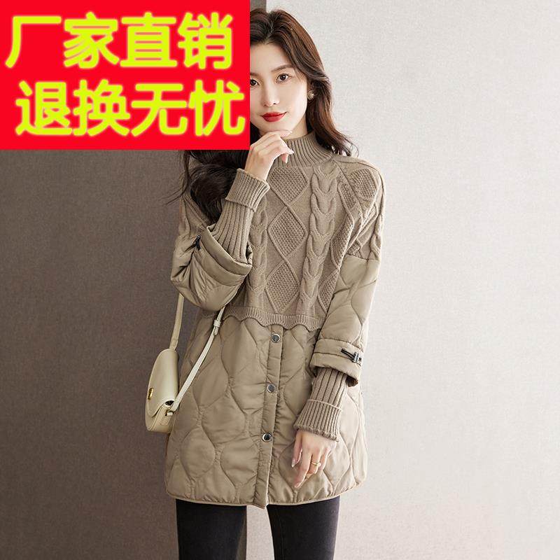 夹棉外套女2024新款爆款秋冬季加厚假两件羊毛拼接显瘦棉衣棉服潮