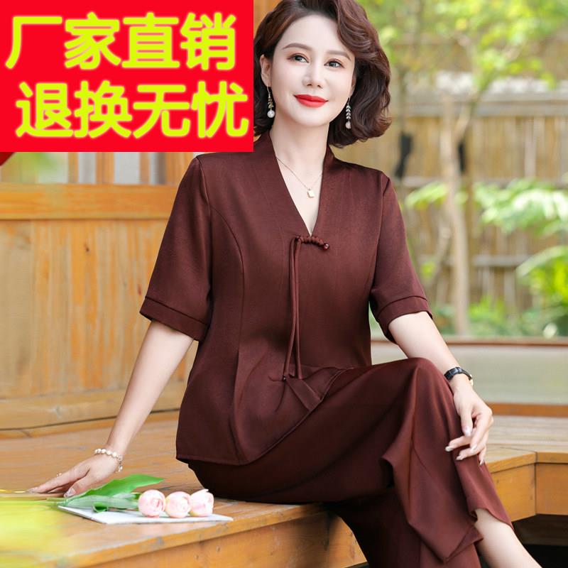 高档妈妈夏装杭州重磅真丝国风上衣女套装洋气中老年桑蚕丝两件套