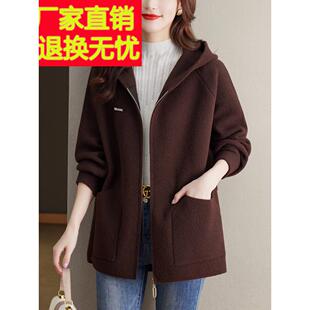 中年妈妈春秋毛呢外套女宽松加肥加大码洋气遮肚上衣连帽时尚大衣