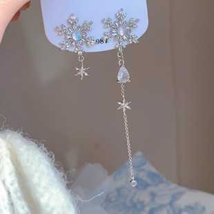 不对称流苏雪花月光石耳环轻奢高级感时尚耳钉气质AB款百搭耳饰