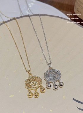 时尚个性平安锁项链轻奢小众高级感钛钢锁骨链国风精致长命锁吊坠