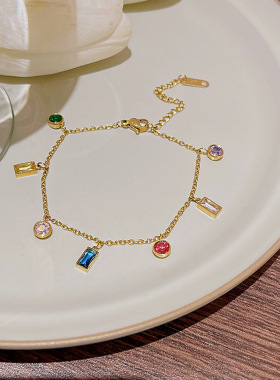 轻奢ins风彩色锆石手串甜美多巴胺手饰小众设计感钛钢不掉色手链