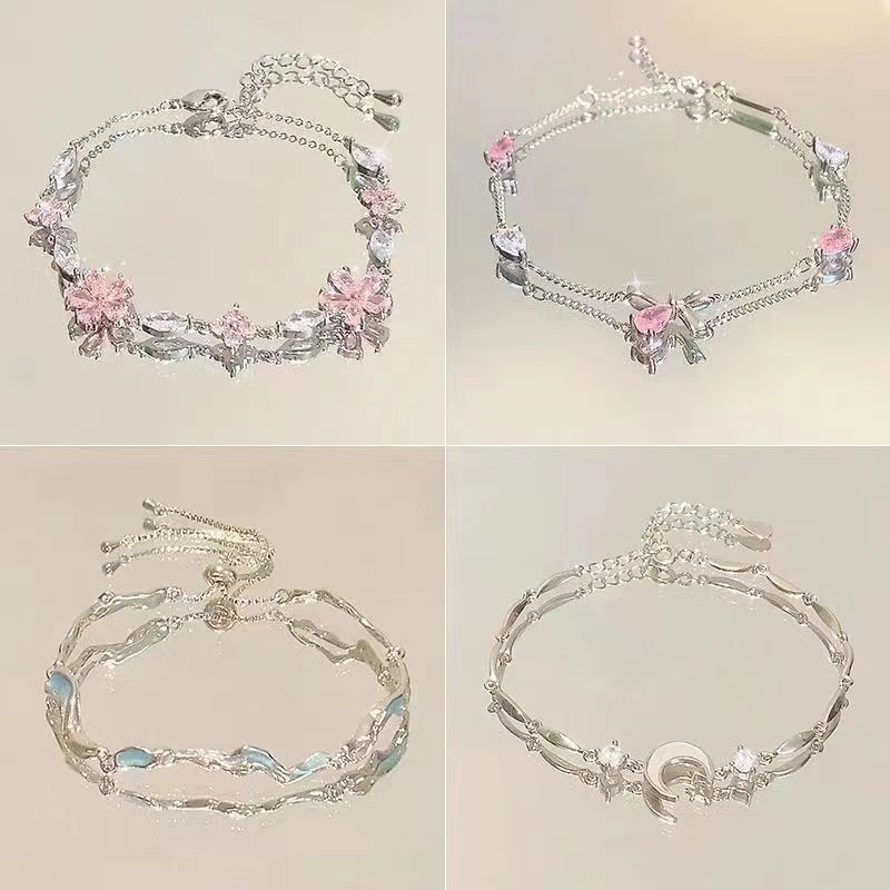粉色锆石樱花蝴蝶结手链女ins小众轻奢气质高级清冷感闺蜜 手饰潮