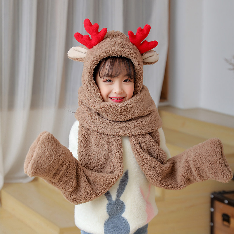 여아를 위한 모자 스카프 장갑을 한 겨울에 모두 학생을 위한 따뜻하고 두꺼워진 쓰리피스 넥스카프 모자 크리스마스 귀여운 뿔