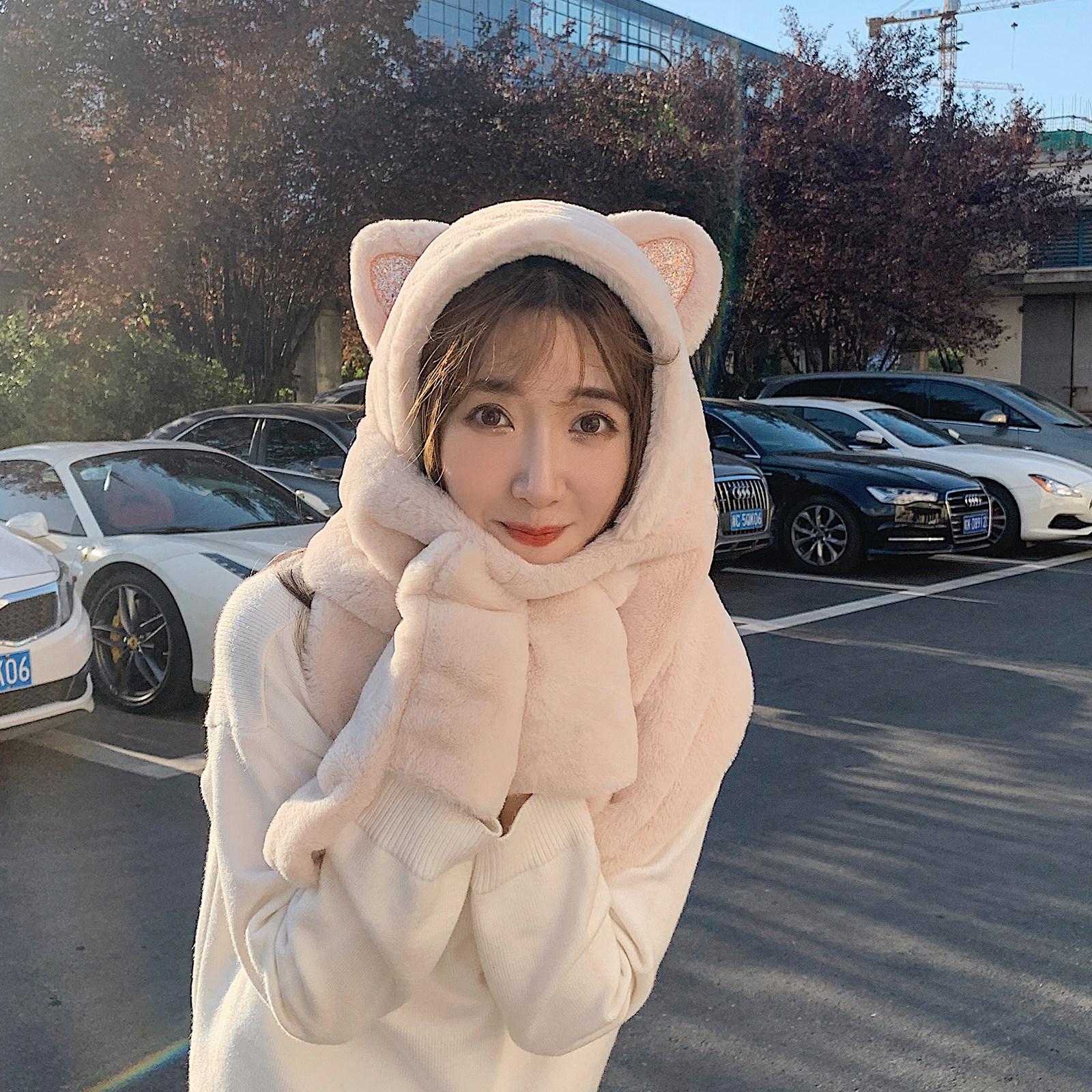 새끼 고양이 귀 원피스 모자 여성용 스카프 및 장갑 가을 겨울 따뜻한 플러시 스카프 다목적 귀 보호 방한