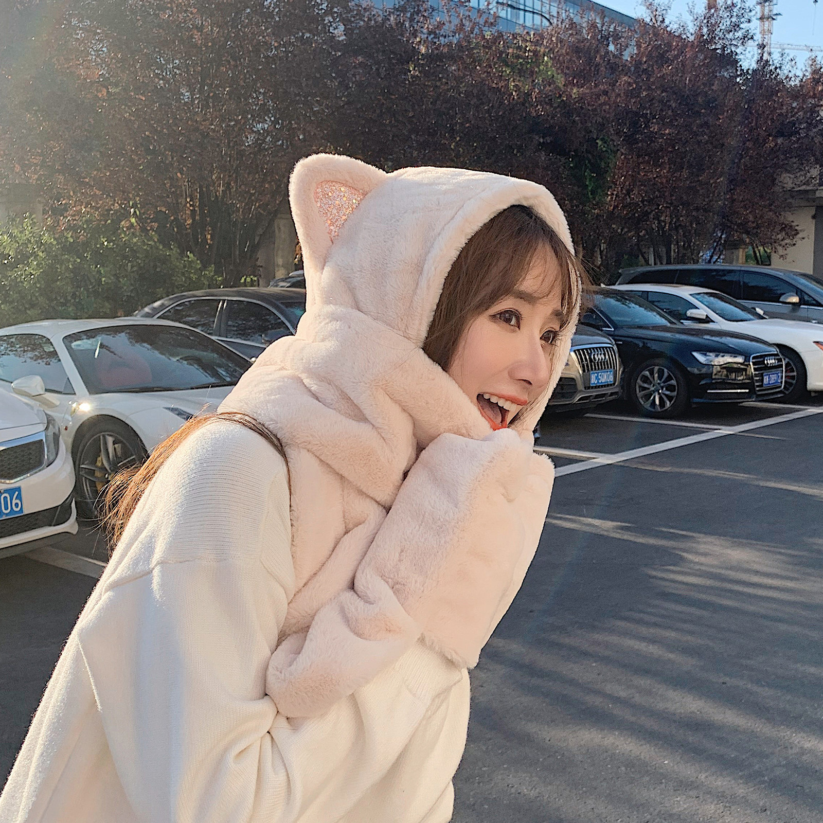 새끼 고양이 귀 원피스 모자 여성용 스카프 및 장갑 가을 겨울 따뜻한 플러시 스카프 다목적 귀 보호 방한