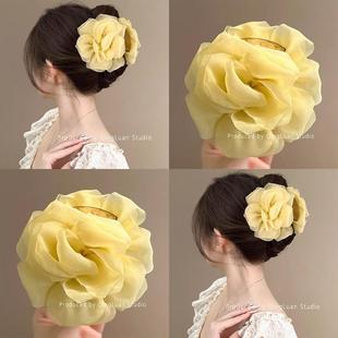 雾里栀子黄~温柔黄玫瑰花朵发夹后脑勺超仙欧根纱鲨鱼夹旅行发卡