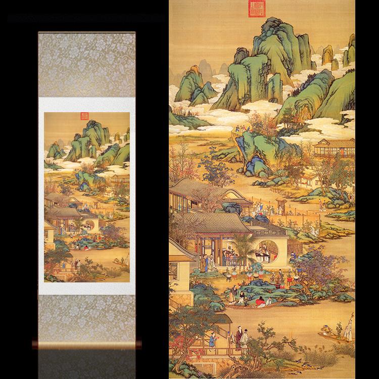 郎世宁国画古风卷轴画古典壁画定制酒店装饰十二月令客厅卷轴挂画图片