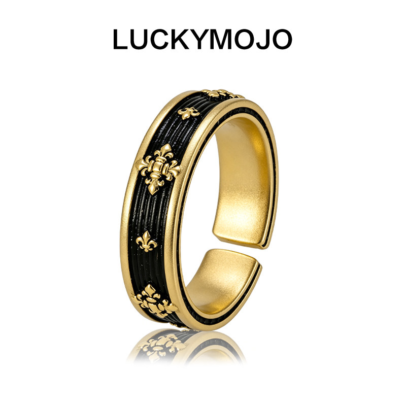 LUCKYMOJO925银戒指 简约复古立体浮雕黑金色鸢尾戒指潮酷指环