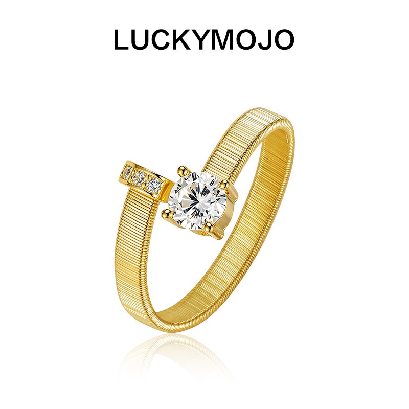 LUCKYMOJO轻熟法式风拉丝工艺925银戒指女简约设计感小众金色戒指