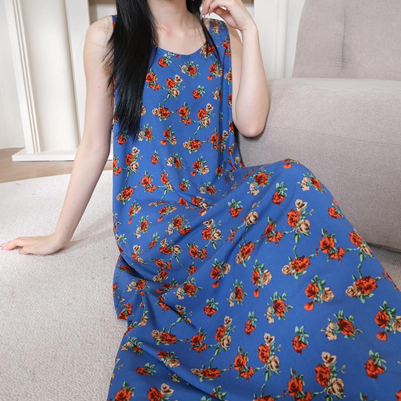 无袖棉绸睡裙女夏2025新款睡衣中长款背心裙人造棉家居服宽松裙子