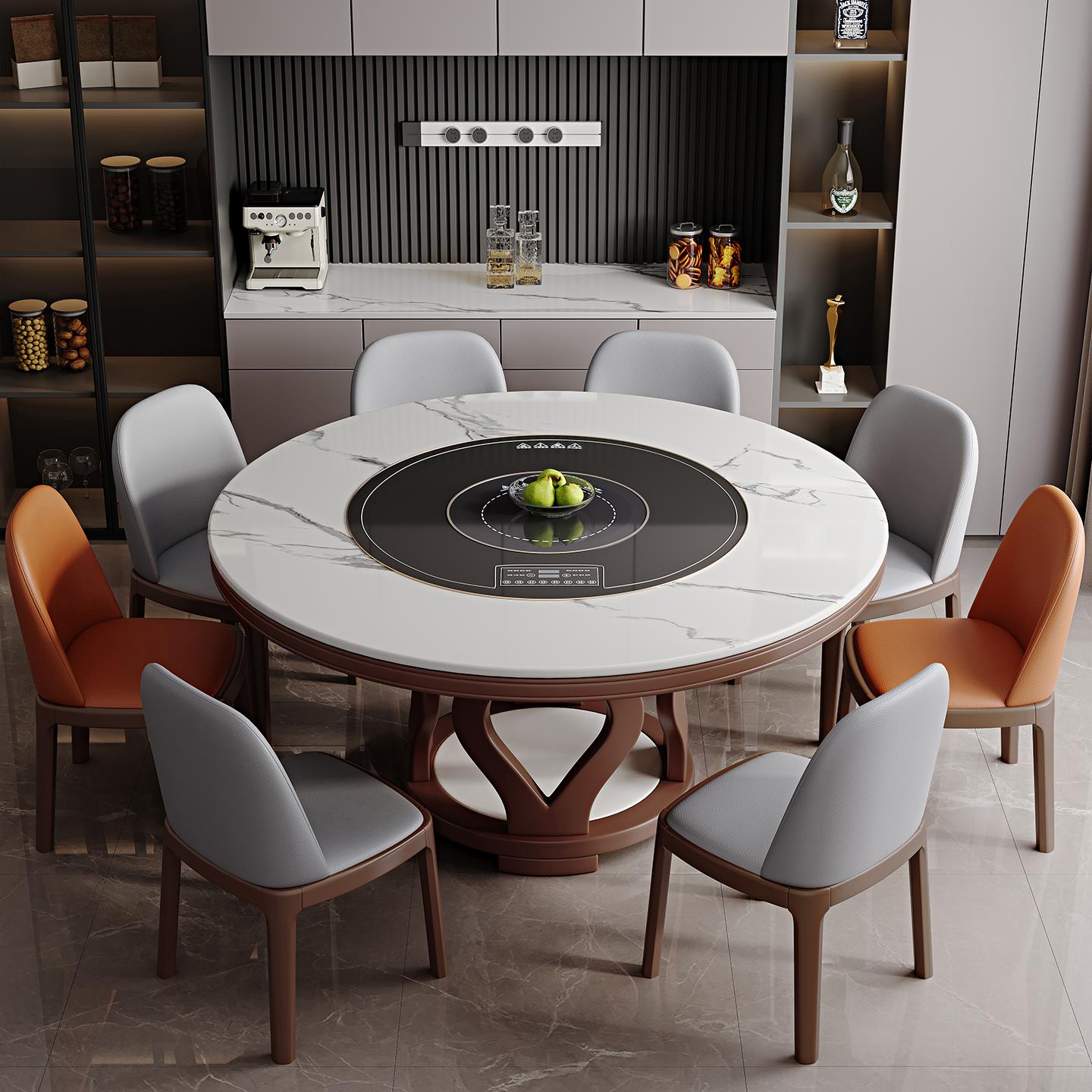 岩板餐桌带智能语音控制暖菜板电动转盘电磁炉家用大圆桌现代简约