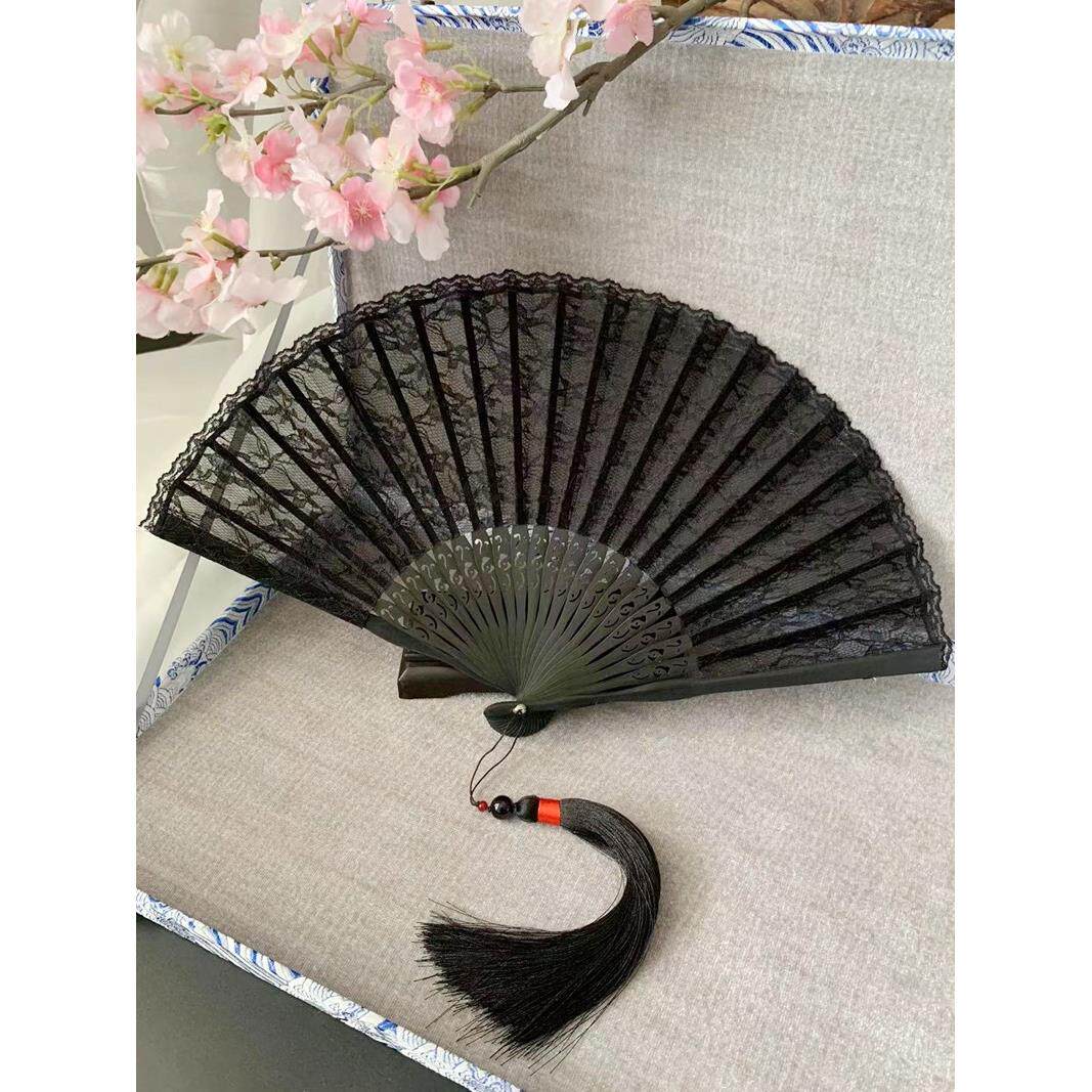 黑色蕾丝扇子女士小折扇古风复古典折叠中国风搭配旗袍跳舞蹈纯色
