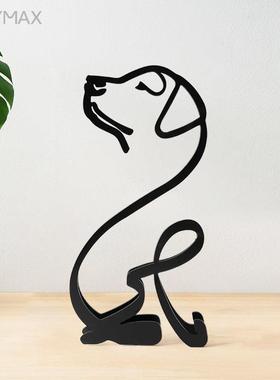 卡通创意桌面摆件现代铁艺狗模型简约3D线条工艺品客厅旺财装饰品