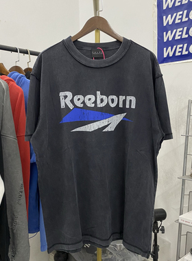 False perception字母弹幕裂纹印花水洗做旧褪色短袖T恤男女同款