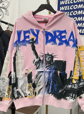 高品质Vale Dreams自由女神印花磨破做旧男女宽松拉链开衫连帽衫