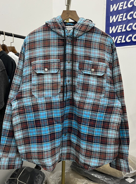 FORGIVENESS水洗做旧渐变渲染格纹秋冬宽松连帽棉服衬衫男女潮