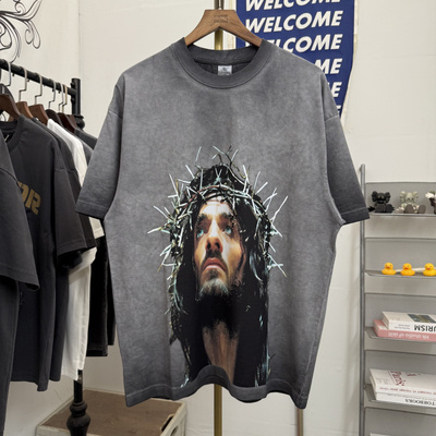 Saint Michael夏季美式高街荆棘人像印花复古做旧男女宽松短袖T恤