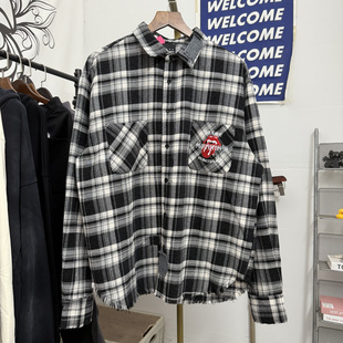 False 25SS日式缝补血牙万针刺绣男女休闲宽松潮流黑格子衬衫外套