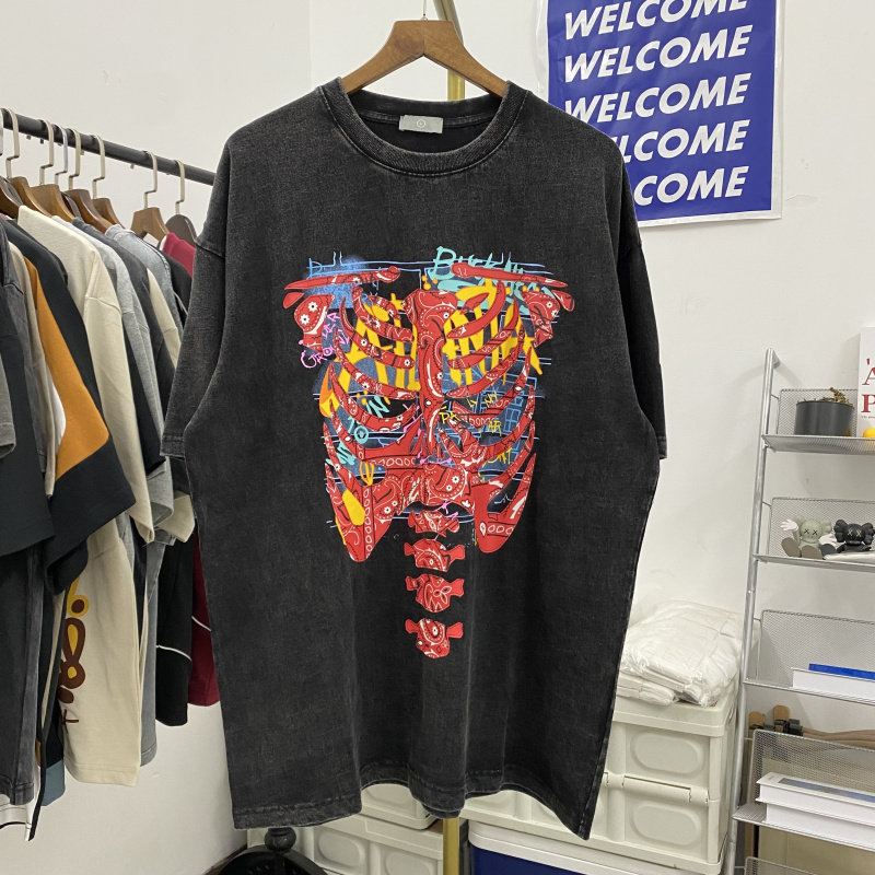 kapital man平田和宏英文骷髅骨架身躯涂鸦水洗做旧男宽松短袖t恤