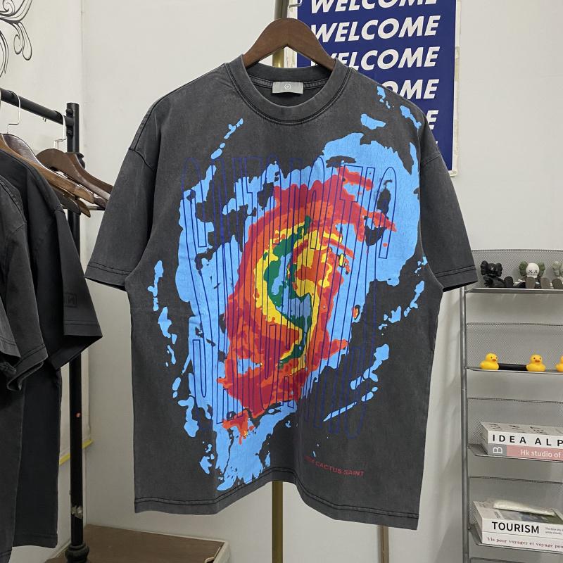 Saint Michael气象图案爆裂印花复古洗水做旧宽松嘻哈短袖T恤潮