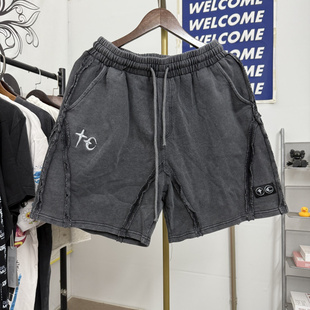 短裤 club重工刺绣星月图案复古做旧翻边宽松男女款 高街thug 美式