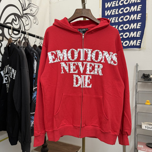 MIXED EMOTION美式街头字母印花烫钻毛圈宽松开衫拉链连帽卫衣男