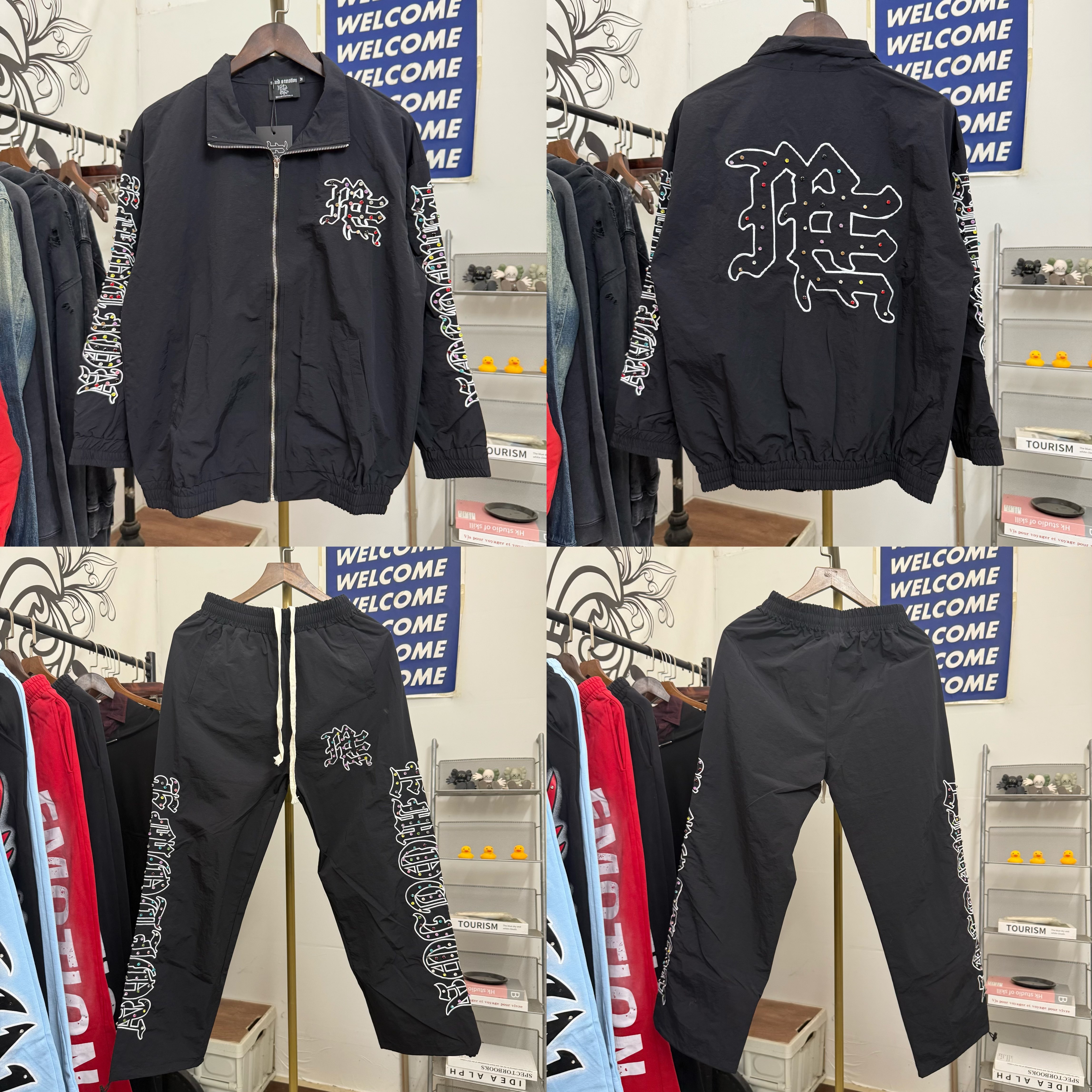 MIXED EMOTION美式高街街头烫钻钻石印花男女休闲宽松风衣外套潮