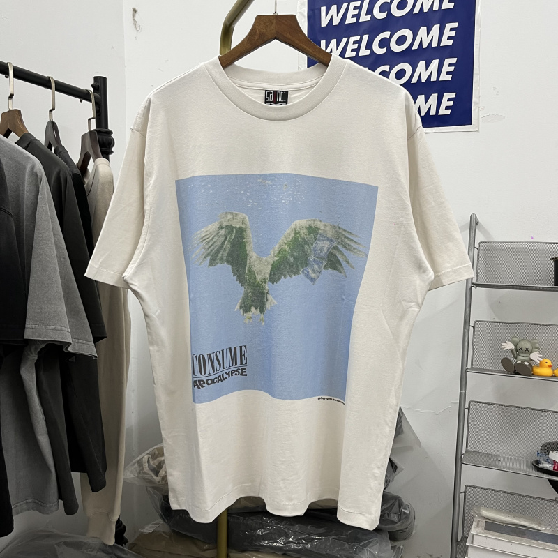 SAINT MICHAEL新款水泥白做旧蓝天雄鹰印花高街复古休闲短袖T恤潮