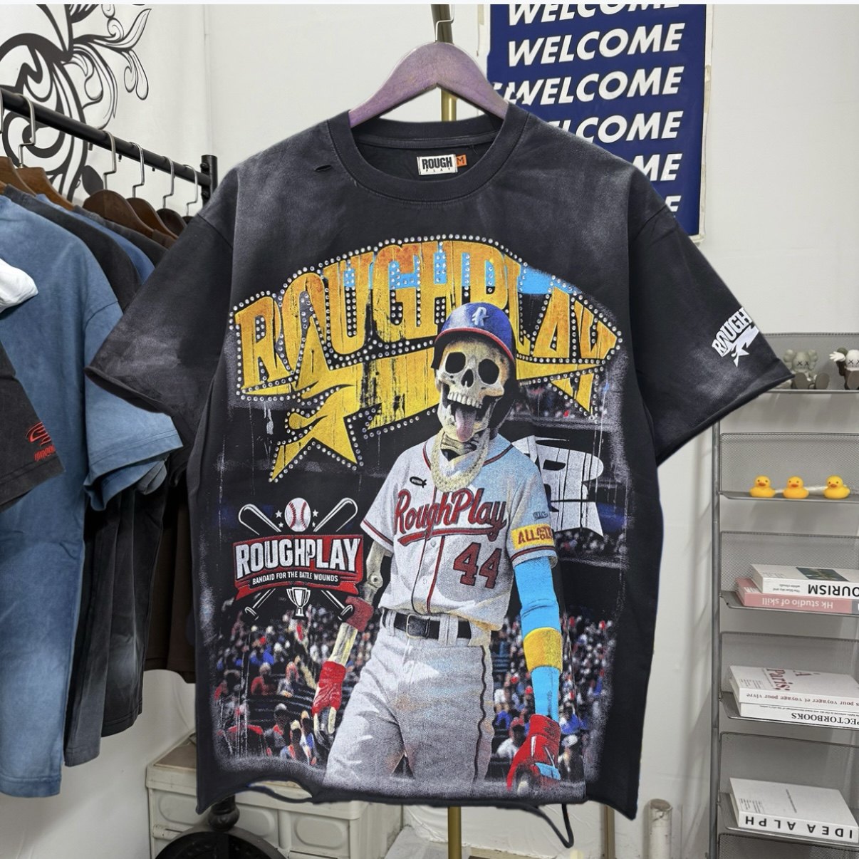 Roughplay笑脸骷髅棒球员烫钻做旧水洗破洞男女宽松休闲短袖T恤潮,男装,T恤,淘宝优惠券,粉丝福利购,淘宝优惠卷