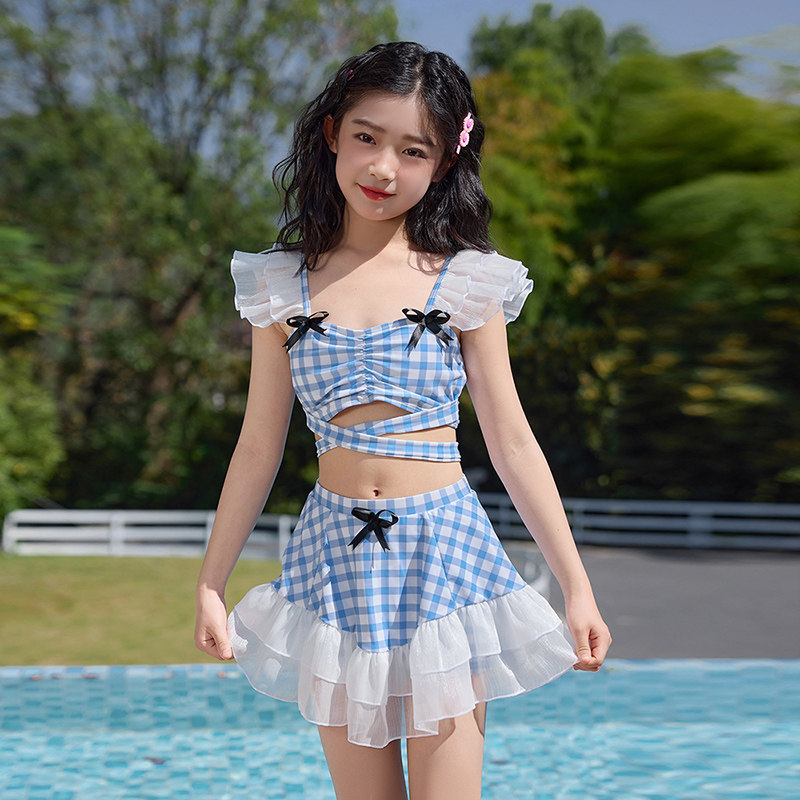 卡戴斯儿童泳衣女童2026新款学生温泉分体裙式遮肚显瘦格子泳装