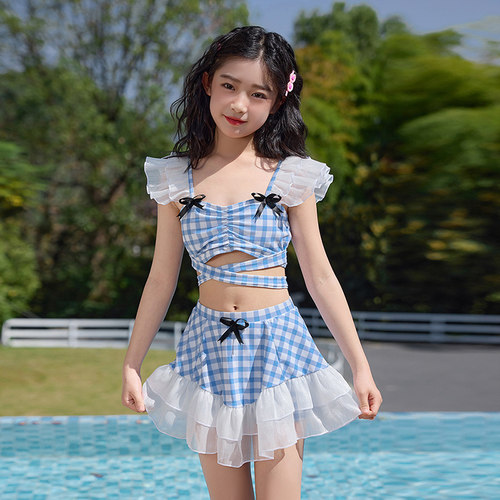 卡戴斯儿童泳衣女童2026新款学生温泉分体裙式遮肚显瘦格子泳装