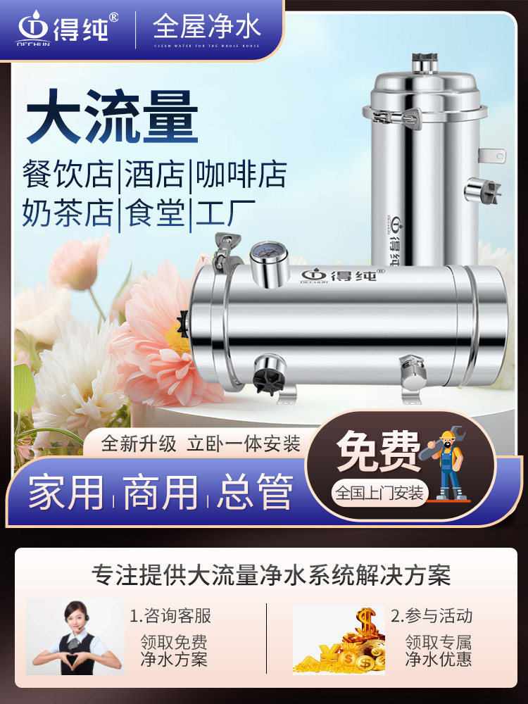 得纯全屋净水器家用厨房自来水农村井水过滤器除氯阻水垢水碱无盐