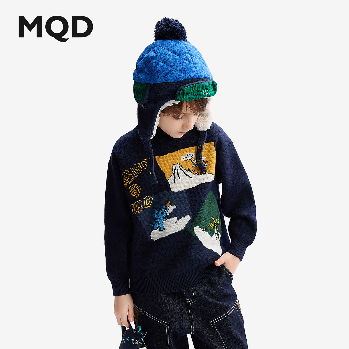 MQD童装男童毛衣2025秋冬装新款儿童半高领打底针织衫卡通上衣