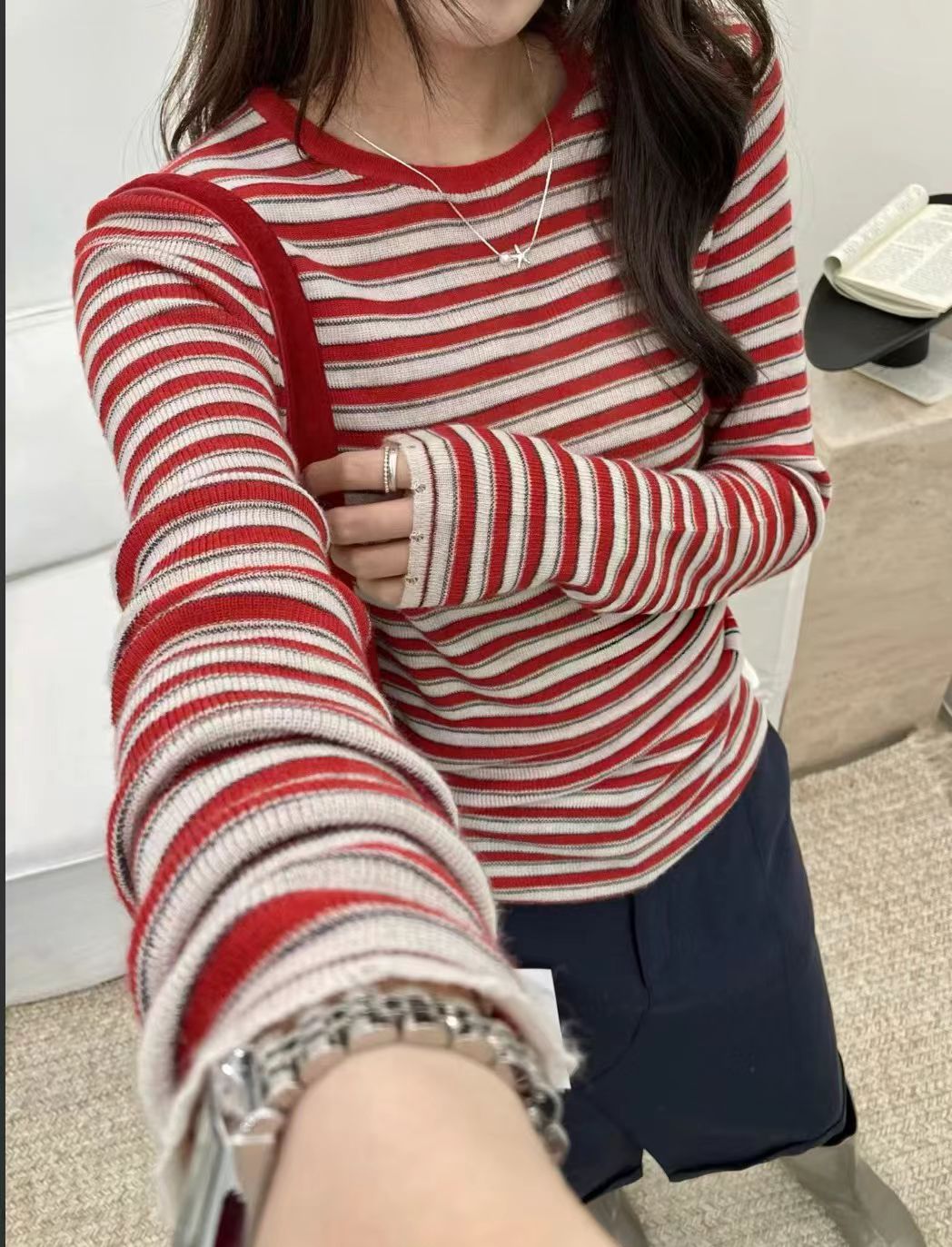 韩系小众设计感条纹长袖T恤女宽松休闲百搭纯棉打底衫上衣