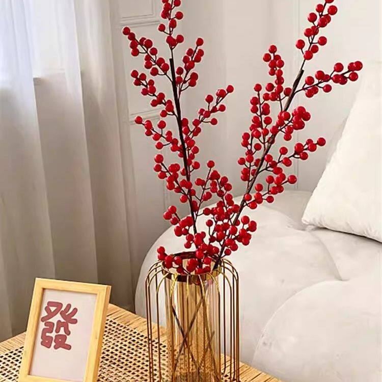 仿真发财果假花摆设红色浆果红果冬青果红果子幸运果客厅假花摆件